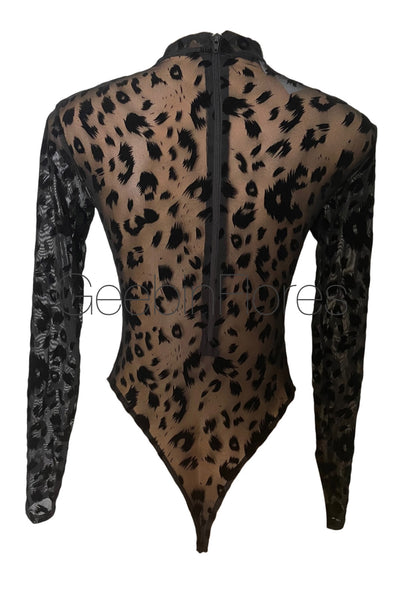 Black Leopard Velvet Mesh Thong Bodysuit