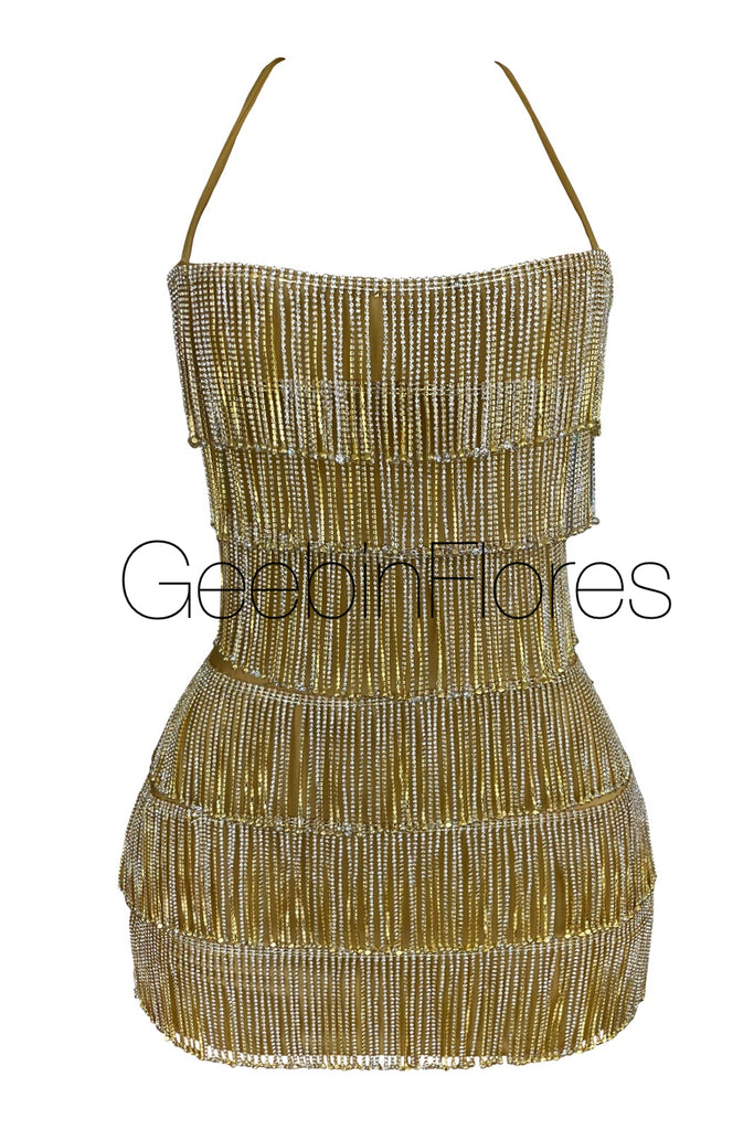 Gianna Gold Crystal Fringe Dress (MADE TO ORDER) Geebin Flores Gianna Gold Crystal Fringe Dress (MADE TO ORDER) Geebin Flores