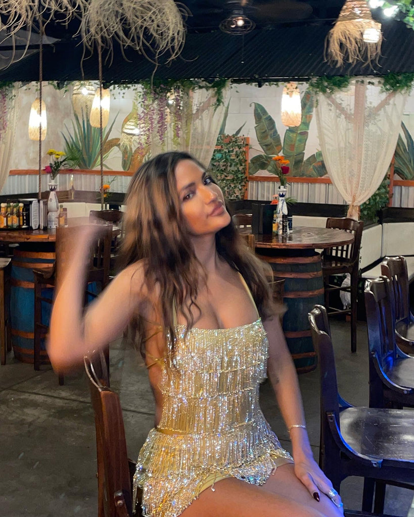 Gianna Gold Crystal Fringe Dress (MADE TO ORDER) – Geebin Flores