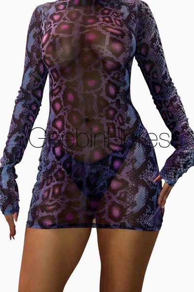 Purple Snake Print Mesh Dress