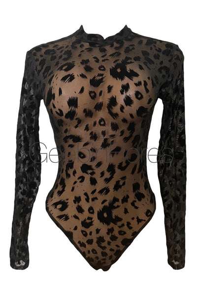 Black Leopard Velvet Mesh Thong Bodysuit