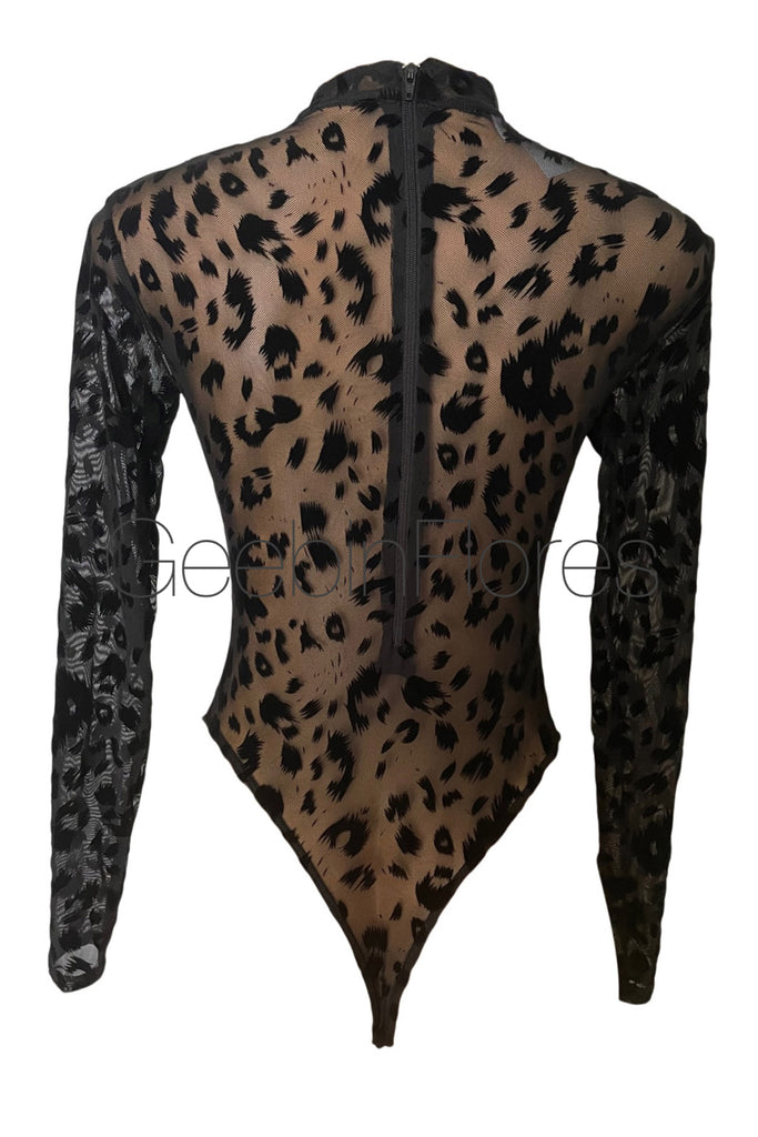 Black Leopard Velvet Mesh Thong Bodysuit – Geebin Flores